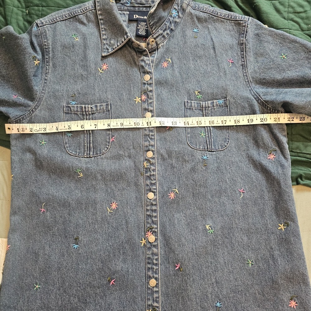 Vintage 90s Turquoise Blue Denim Floral Dress Large 100% Cotton Tshirt Dress - Picture 8 of 10